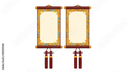 Elegant Asian Scroll Banners with Intricate Floral Detailing - Ready for Your Message