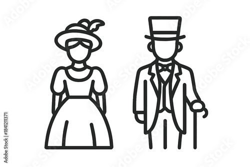 Victorian era couple dressed in formal historical clothing standing together