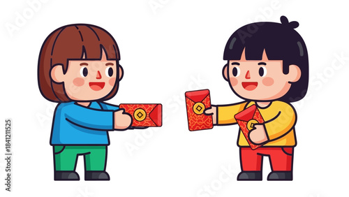 Two children exchanging red envelopes, a symbol of good luck and prosperity during Lunar New Year celebrations