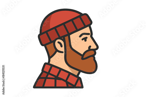 Bearded man profile wearing a red knit cap and lumberjack plaid shirt