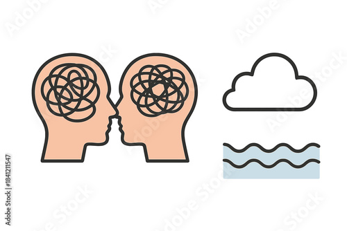 Two human heads facing each other with tangled lines symbolizing confusion and complex thoughts