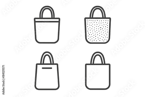 Collection of four minimalist outline icons for reusable shopping bags and totes