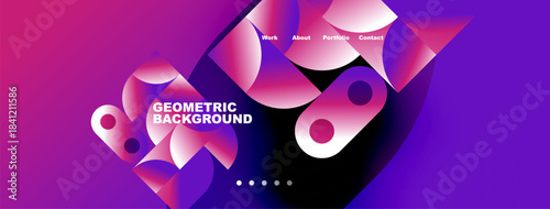 Abstract geometric background. Vibrant purple, pink hues dominate design. Navigation menu present, dots indicate sections. Modern, stylish presentation.