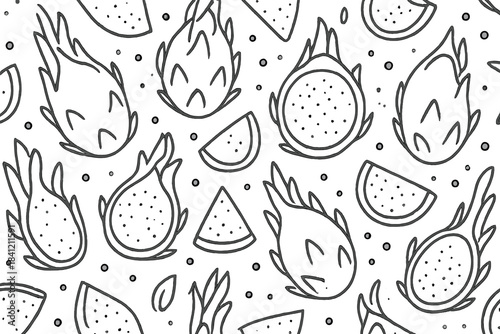 Monochrome seamless repeating pattern featuring tropical dragon fruit and various cut slices