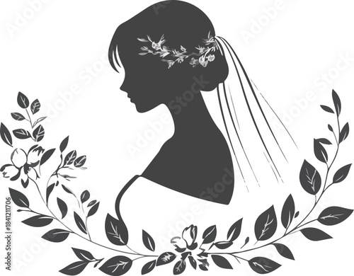 A beautiful woman's silhouette with hair and flowers for a wedding dress design sketch