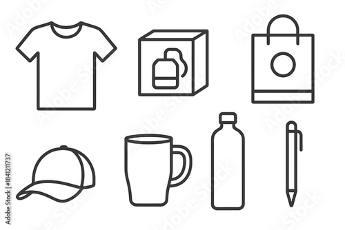 Simple line icons of promotional merchandise including apparel, drinkware, and stationery