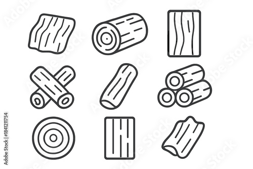 Outline icons set representing various wood products, logs, timber, and lumber materials