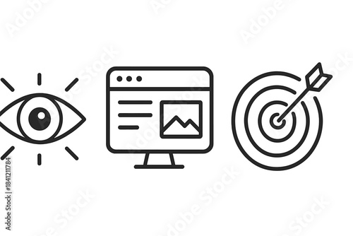 Digital strategy vision website analysis and target goal achievement outline icons