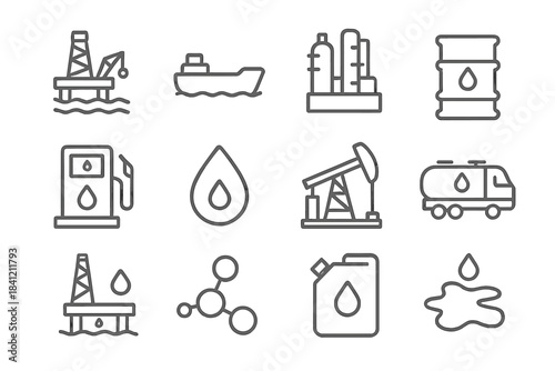 Oil and gas industry symbols showing drilling rigs, refinery, tanker, and fuel pump equipment