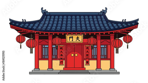 Chinese Temple Illustration with Red Lanterns and Blue Roof