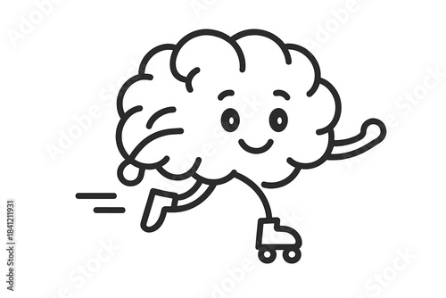 Happy cartoon brain character roller skating quickly symbolizing fast thinking and learning