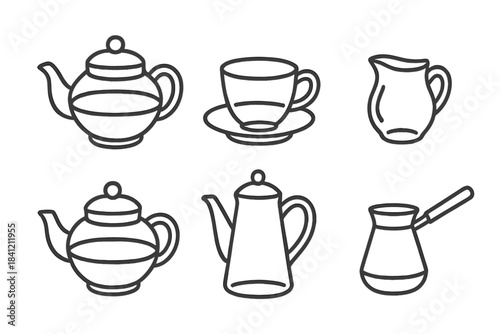 Minimalist outline drawings of various kitchenware for serving tea and coffee beverages
