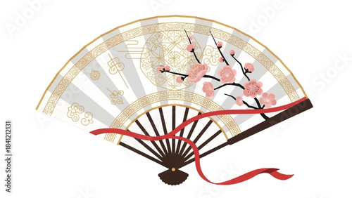 Elegant Asian Fan with Cherry Blossoms and Red Ribbon A Touch of Traditional Style