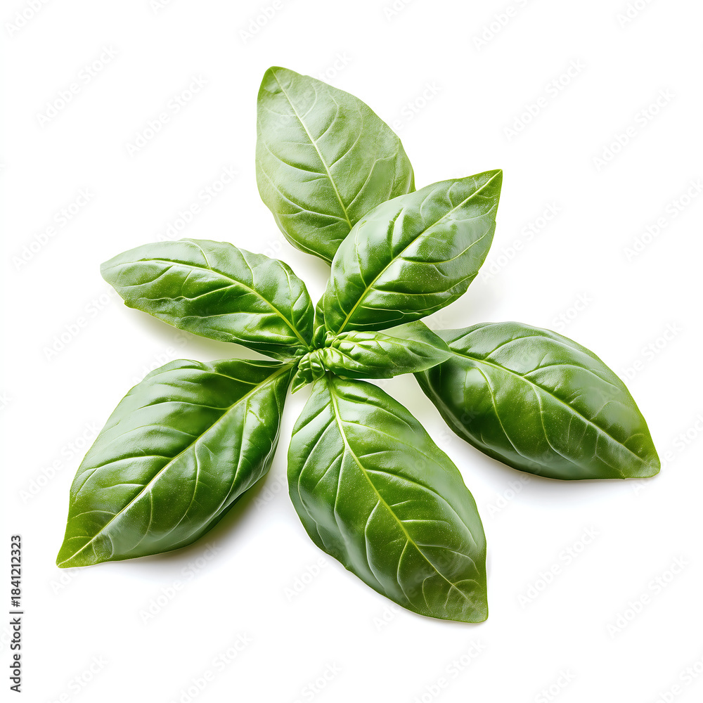 Fototapeta premium Fresh Basil Leaves on White Background 하얀 배경에 분리된 신선한 바질 잎