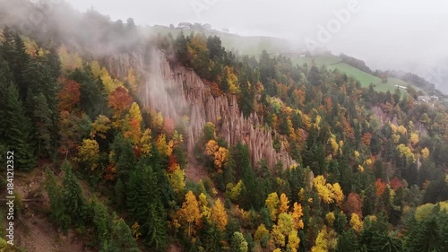 Earth pyramids of Platten at daytime, aerial view, at autumn season time.