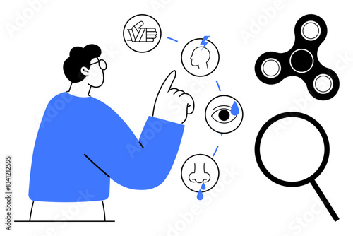 Person pointing at sensory symbols depicting touch, smell, sight, and sound, connected by lines. Includes magnifying glass and spinner. Ideal for learning, focus, analysis problem-solving senses