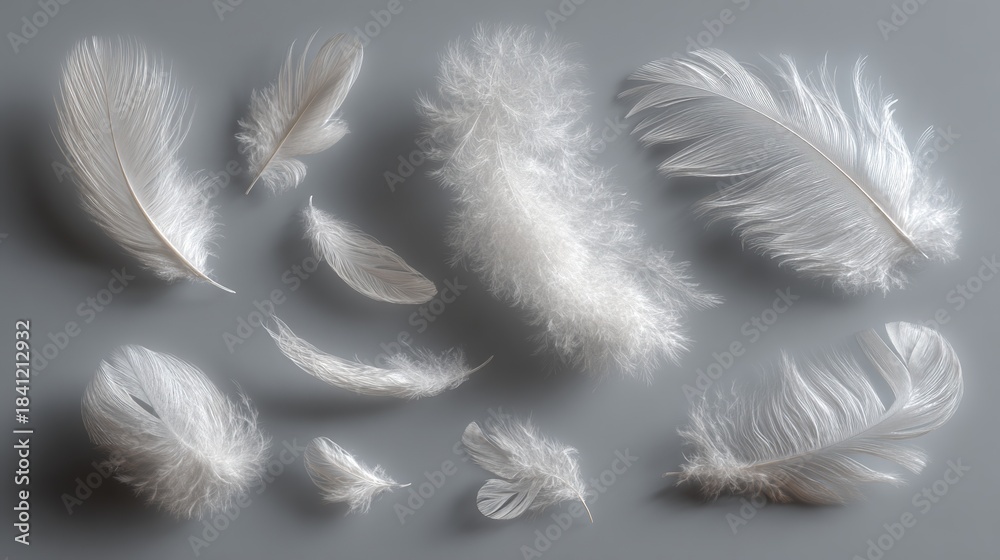 Fototapeta premium Soft white feathers floating gently on a calm grey background