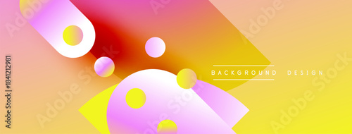 Abstract gradient background. Pink, yellow, orange hues blend smoothly. Bubbles, shapes create dynamic visual effect. Modern design element.