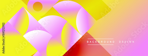 Abstract geometric shapes overlap, creating vibrant gradients. Pink, yellow, orange hues dominate composition. Modern design element.