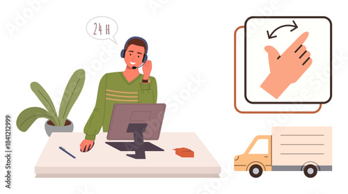 Support representative with headset at desk, delivery truck, hand gesture for tracking. Ideal for customer service, logistics, 24-hour support, delivery, tracking communication teamwork. Simple