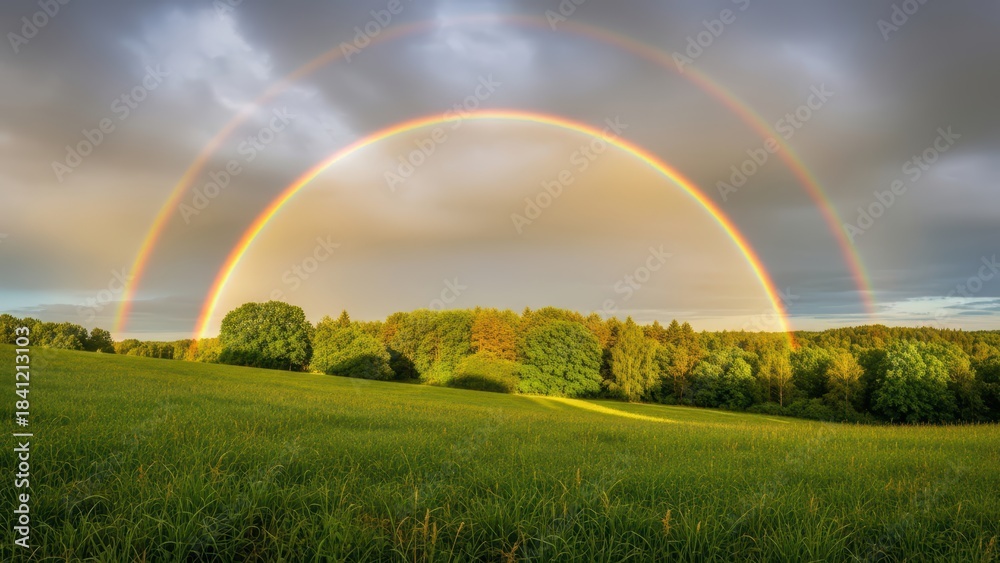 Naklejka premium Vibrant double rainbow over lush green forest and meadow