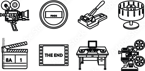 Collection of film editing icons for movie production tools