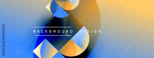 Abstract geometric shapes blend vibrant blues, oranges, yellows. Modern design features layered circles, dynamic composition. Text reads background design.