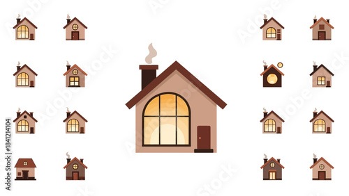 Collection of Cozy Houses with Warm Lights and Chimney Smoke.