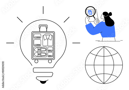 Packing concept. Compact suitcase layout with travel essentials inside a lightbulb. Highlighting efficiency for digital nomads and travelers. For travel planning, organization, sustainability