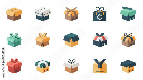 Collection of various gift boxes and open cardboard boxes in different colors and designs.