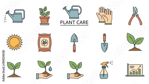 Gardening Tools and Plant Care Icons Set.