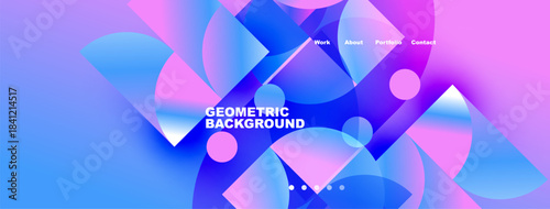 Abstract geometric background features vibrant blue, pink hues. Overlapping shapes create dynamic visual effect. Text displays portfolio options.