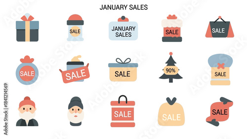 January Sales Icons Set with Gift Boxes and Shopping Bags.