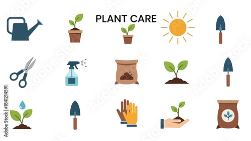 Plant Care Icons Set - Watering Can, Potted Plant, Sun, Trowel, Scissors, Sprayer, Fertilizer, Sprout, Gloves, Hand Holding Plant, and Seed Bag.