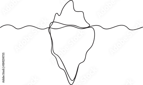 Continuous single line drawing of an iceberg with flowing ocean waves in a minimalist outline style, simple arctic nature vector illustration