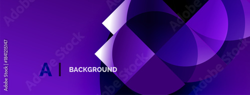 Purple abstract design features overlapping circles, gradients. Text reads AI BACKGROUND in bottom left corner. Modern, vibrant composition.