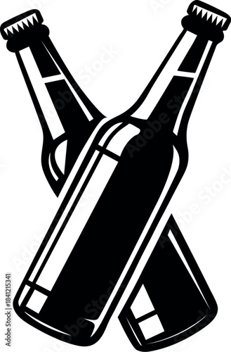 Two dark glass beer bottles crossed in a vintage illustration style with a bold black and white aesthetic