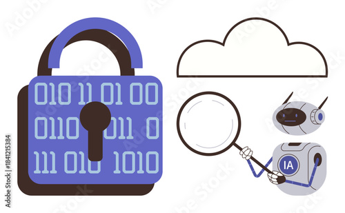 Binary-coded padlock beside robotic AI examining cloud with magnifying glass. Ideal for cybersecurity, AI, data analysis, cloud technology, digital security, innovation, tech insights. Simple flat