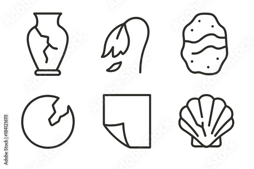 Aesthetic Decay Icons. Line style icons of Aesthetic Decay: cracked vase, fading petal, eroded stone, broken circle, peeling layer