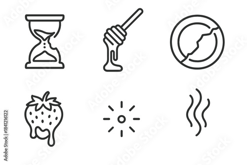 Edible Time Icons. Line style icons of Edible Moments: bitten hourglass, liquid honey stream, cracked plate, melting berry,