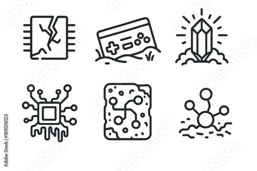 Technological Ruin Icons. Line style icons of Technological Ruins: cracked chip, buried console, luminous artifact, frozen circuit