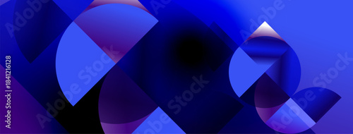 Abstract composition featuring overlapping curved shapes. Blue, purple hues create dynamic visual effect. Modern design, gradient colors.