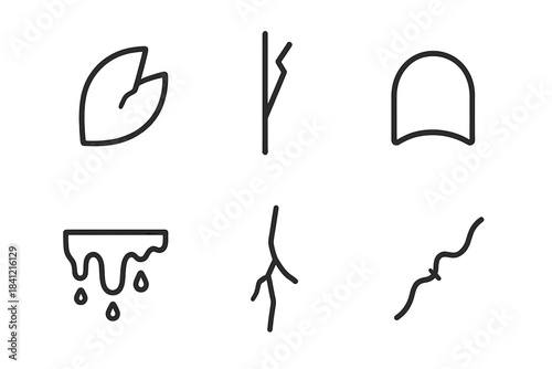 Fragile Form Icons. Line style icons of Fragile Forms: broken petal, splintered line, hollow curve, melting edge, thin crack,