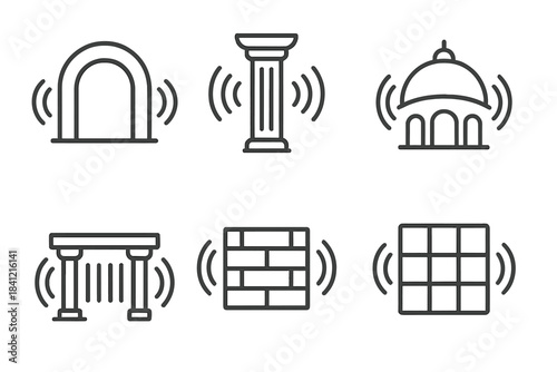 Sound Architecture Icons. Line style icons of Sound Architecture: resonant arch, vibrating column, echoing dome, rhythmic beam,