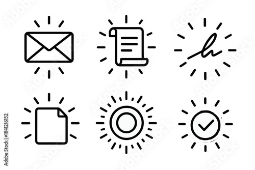 Glowing Mail Icons. Line style icons of Illuminated Messages: glowing mail icon, radiant parchment, shining signature, bright fold