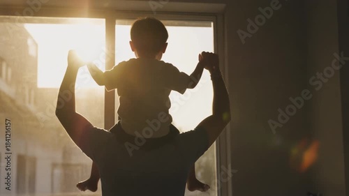 Celebratory silhouette raising hands in warm sunlight