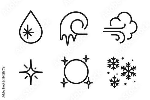 Frosty Breath Icons. Line style icons of Breath in Frost: glowing drop, frozen curve, gentle puff, icy shimmer, pale halo,