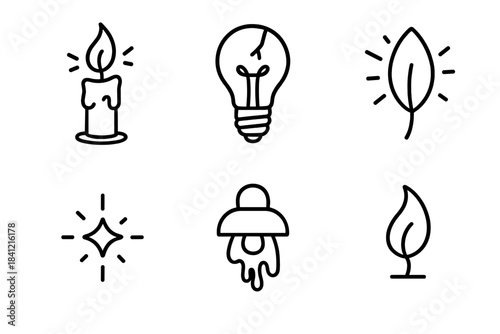 Fragile Glow Icons. Line style icons of Fragile Glow: flickering candle, cracked bulb, glowing petal, soft spark, melting light,