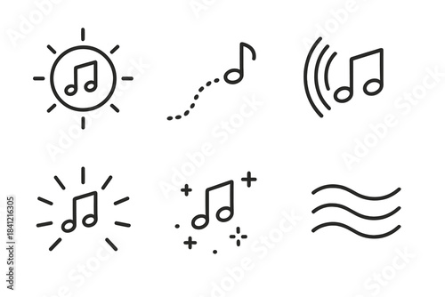 Silent Musical Icons. Line style icons of Silent Composition: glowing note ring, soft echo path, curved ripple, radiant tone, dim