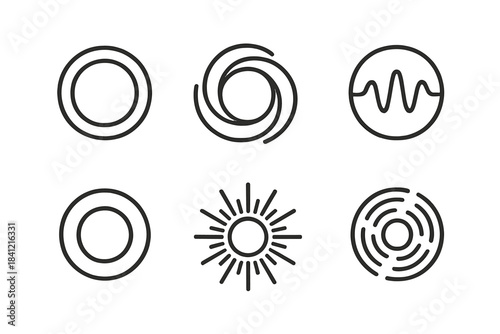 Luminous Energy Icons. Line style vector icons of Luminous Field: energy halos, circular flows, pulse lines, balanced orbs, warm